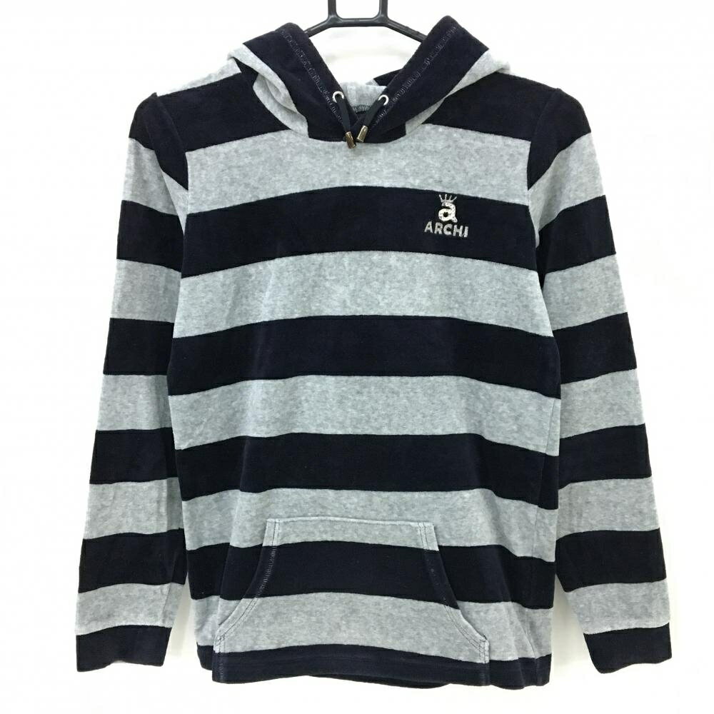 アルチビオ フード付長袖シャツ グレー×ダークネイビー ボーダー 起毛 胸ロゴ レディース 38(M) ゴルフウェア archivio