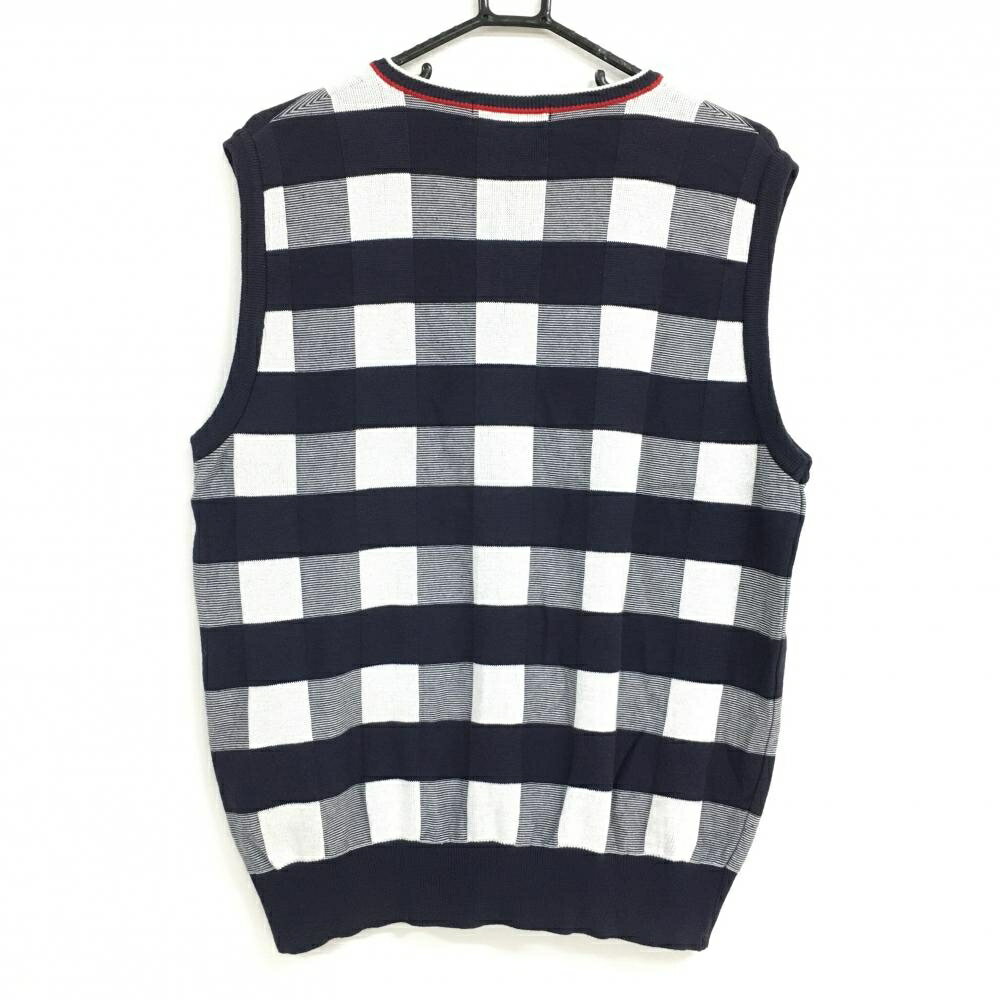 ルコックゴルフ ニットベスト ネイビー×白 チェック Vネック コットン混 メンズ L ゴルフウェア le coq sportif