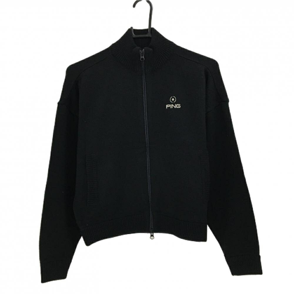 【美品】ピン ニットジャケット 黒 ロゴ刺しゅう ウール混 レディース S ゴルフウェア PING