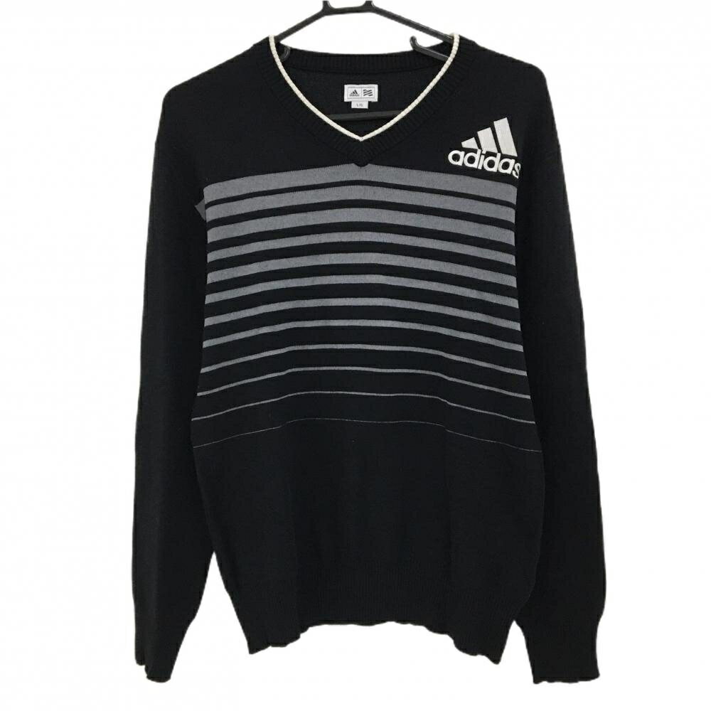 ADIDAS - 【美品】アディダス セーター 黒×グレー 前面ボーダー ニット メンズ L/G ゴルフウェア adidas