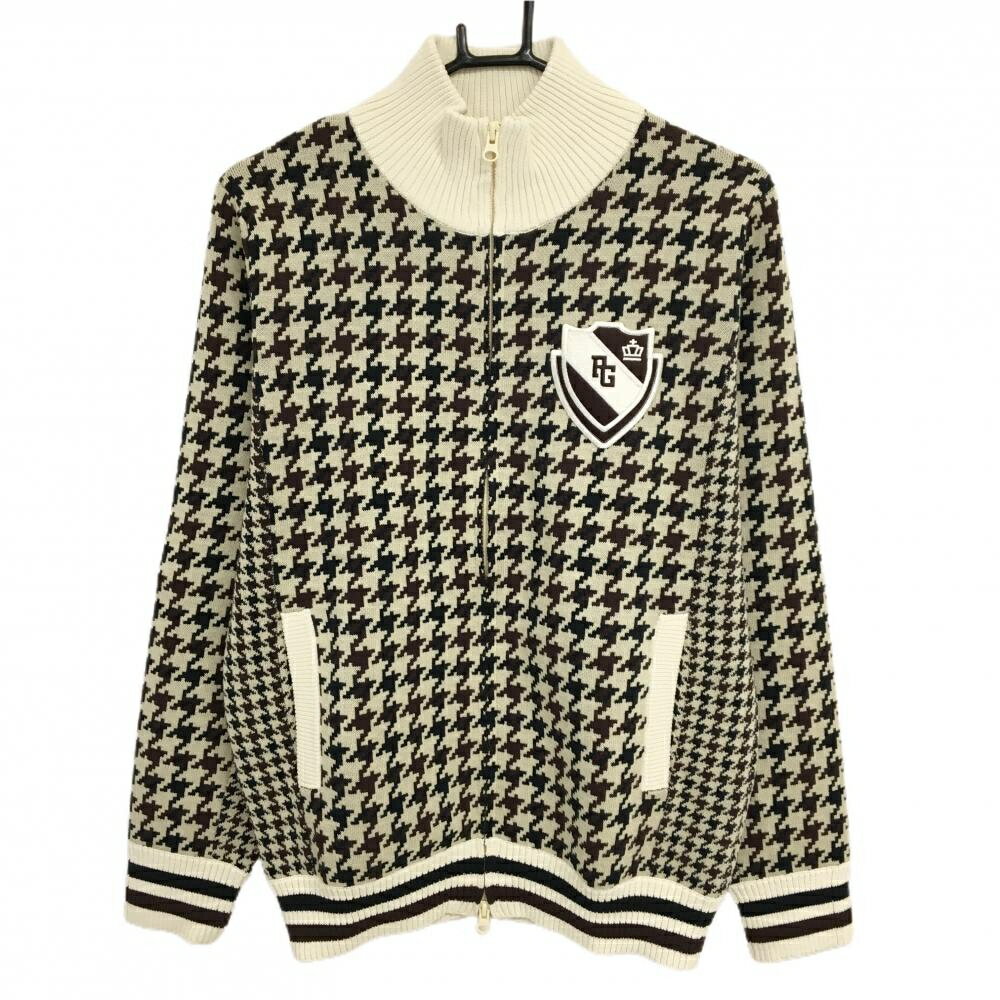 【美品】パーリーゲイツ ニットジャケット ベージュ×黒 千鳥格子 ウール混 メンズ 5(L) ゴルフウェア PEARLY GATES