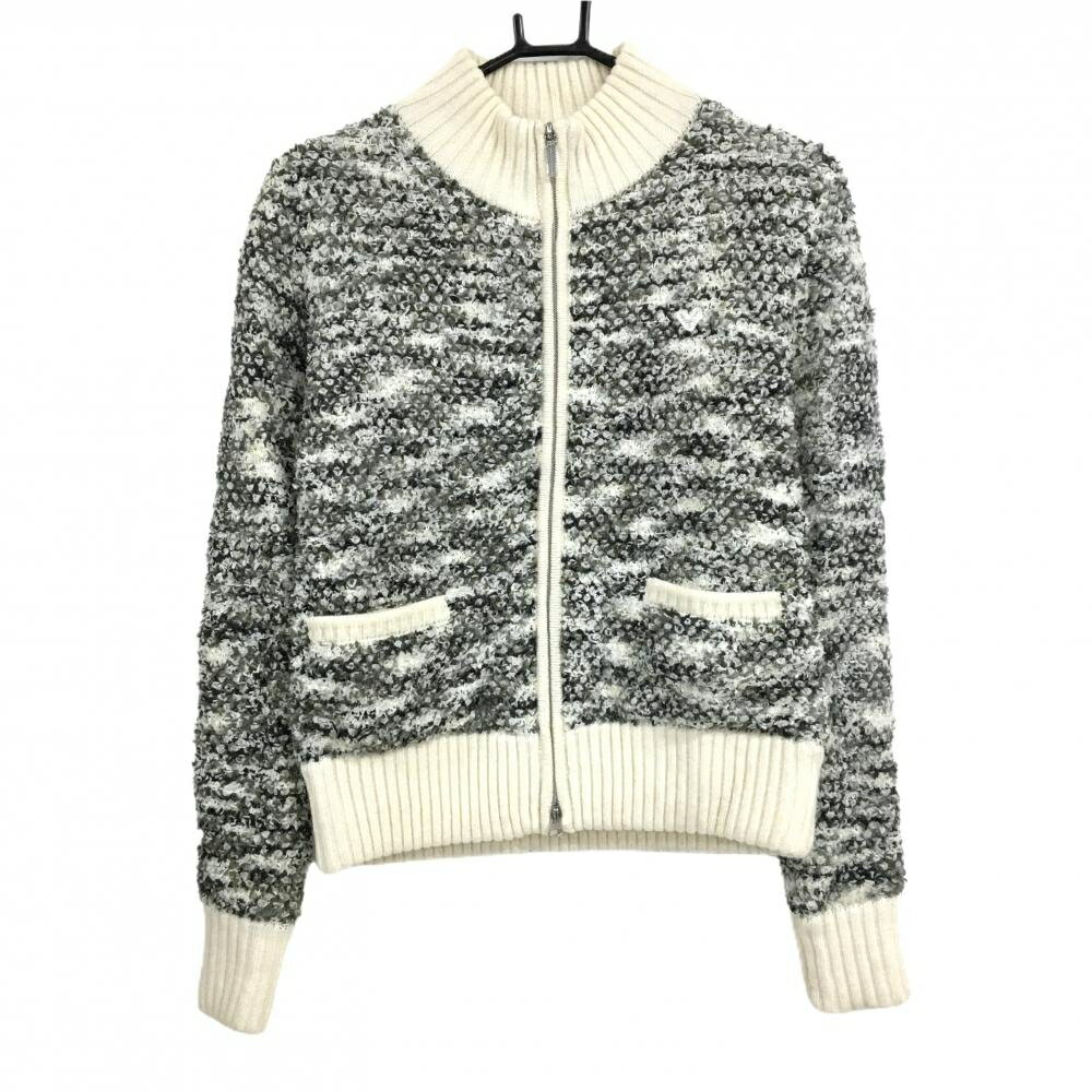 【超美品】キャロウェイ ニットジャケット アイボリー×カーキ ラインストーンロゴ 裏地付き ウール混 レディース M ゴルフウェア Callaway