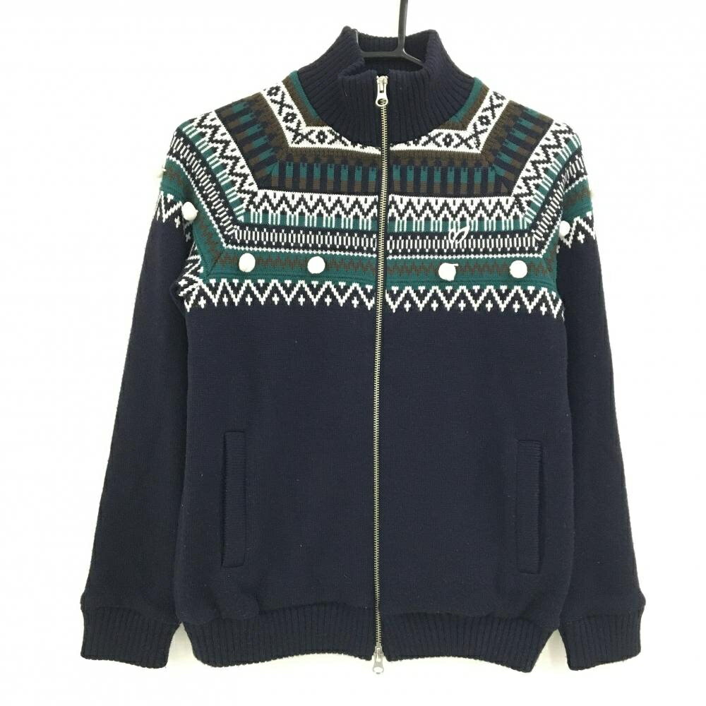 マスターバニー ニットジャケット ダークネイビー×白×グリーン系 裏地付き レディース 1(M) ゴルフウェア MASTER BUNNY EDITION