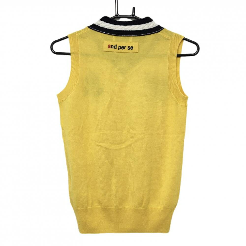 【美品】アンパスィ ニットベスト イエロー×ネイビー 襟元ケーブル編み ウール混 レディース M ゴルフウェア and per se