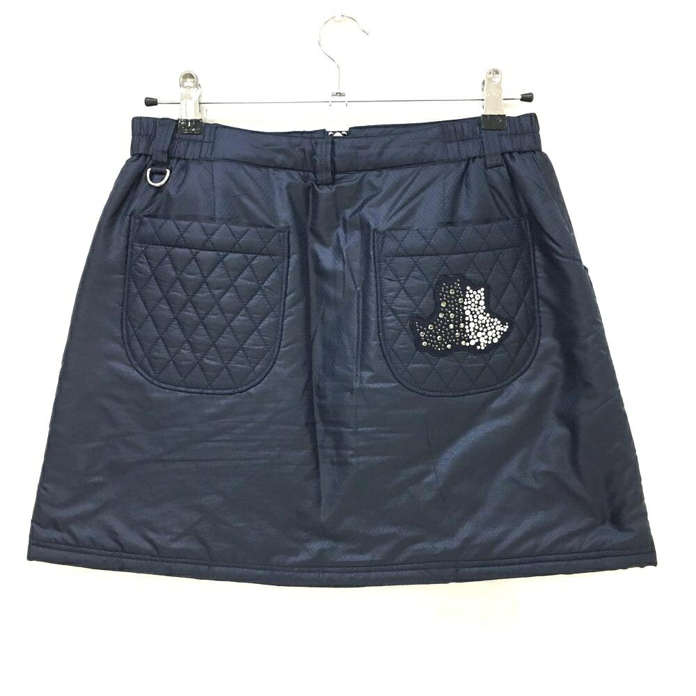 【美品】ブラックアンドホワイト 中綿スカート ネイビー ドット調地模様 フロントジップ レディース 2(M) ゴルフウェア Black＆White