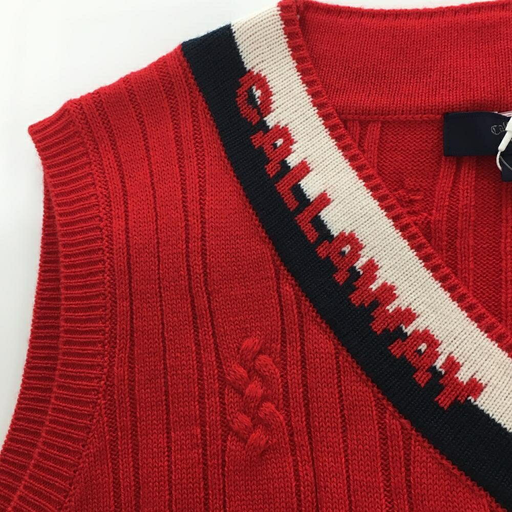 【新品】キャロウェイ ニットベスト レッド×ネイビー ケーブル編み ネックロゴ ウ...