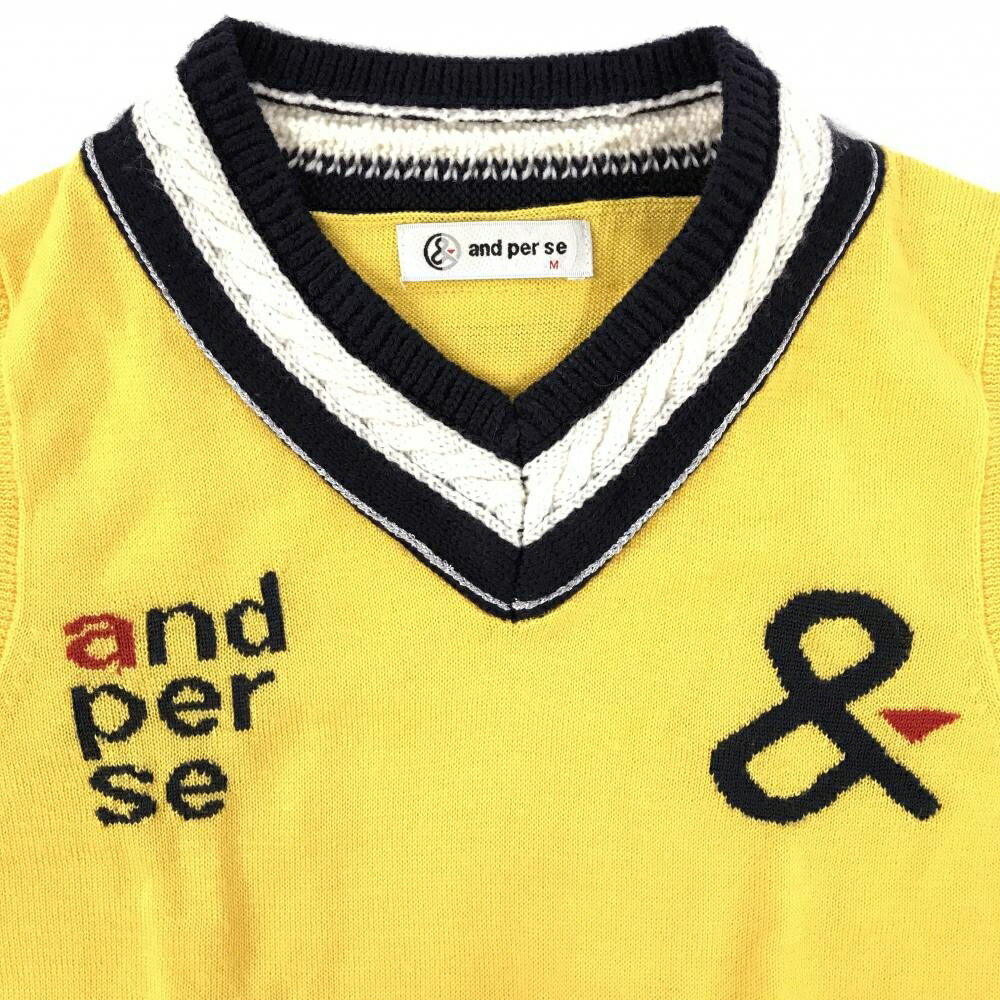 【美品】アンパスィ ニットベスト イエロー×ダークネイビー 胸ロゴ ウール混 Vネック レディース M ゴルフウェア and per se