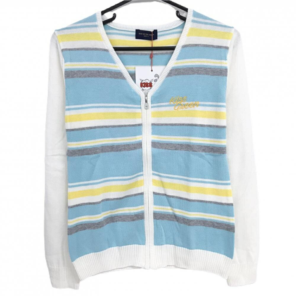 【新品】キスオンザグリーン ニットカーディガン ライトブルー×白×イエロー レディース 3(L) ゴルフウェア kiss on the green