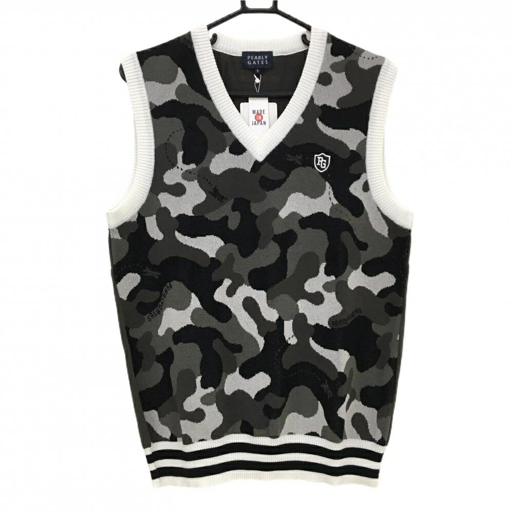 【新品】パーリーゲイツ ニットベスト カーキ系×グレー×黒 カモフラ 迷彩 Vネック メンズ 5(L) ゴルフウェア PEARLY GATES