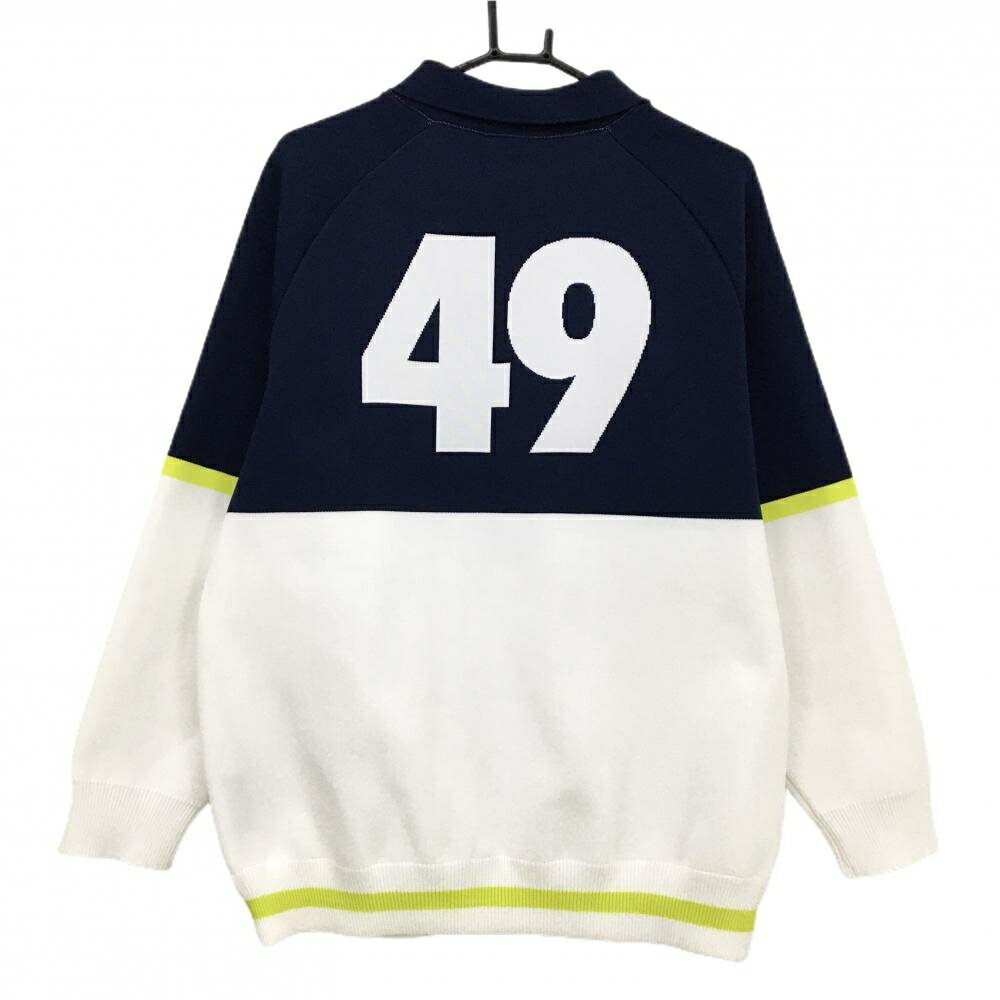 【超美品】TFW49 襟付セーター 白×ネイビー ロゴ 抗ピリング性 UVカット ニット メンズ L ゴルフウェア TFW49