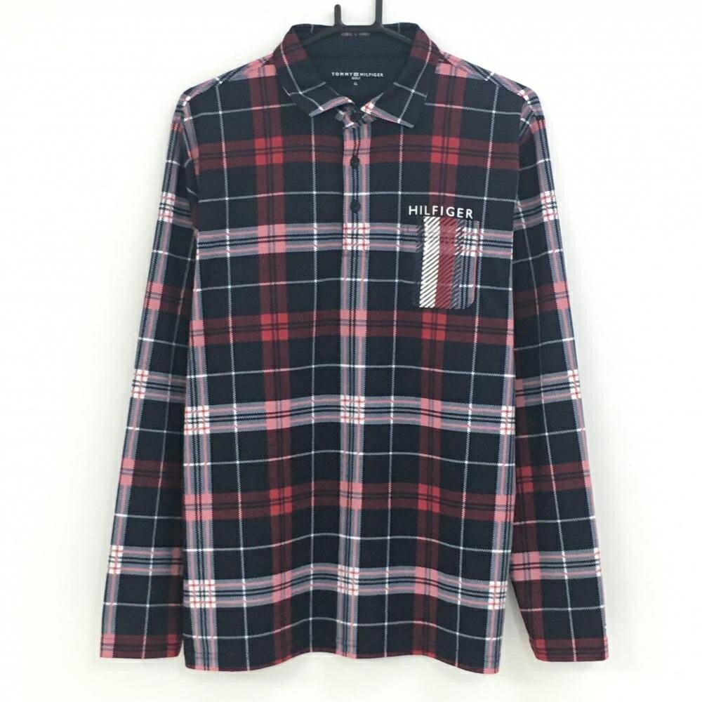 トミーヒルフィガー 長袖ポロシャツ レッド×ネイビー チェック ロゴ メンズ LL ゴルフウェア Tommy Hilfiger Golf