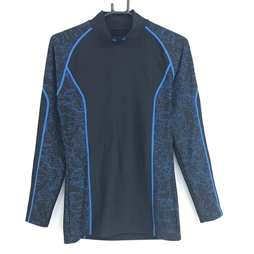 【美品】アンダーアーマー ハイネックインナーシャツ 黒×ブルー 袖・サイド総柄 ネックロゴ刺しゅう メンズ LG ゴルフウェア UNDER ARMOUR