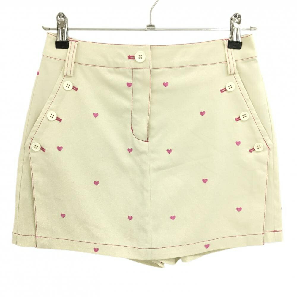 【超美品】ビバハート キュロットスカート アイボリー×ピンク ハート総柄 レディース 38(S) ゴルフウェア VIVA HEART