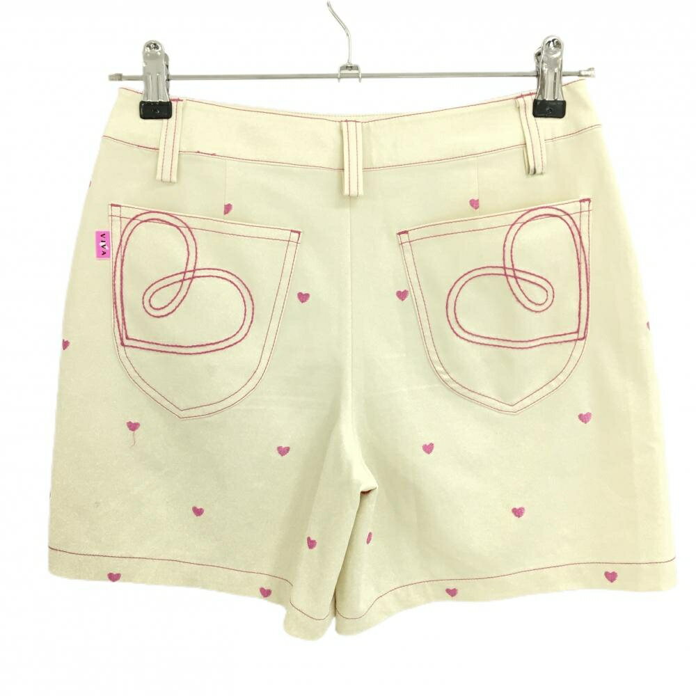 【超美品】ビバハート キュロットスカート アイボリー×ピンク ハート総柄 レディース 38(S) ゴルフウェア VIVA HEART