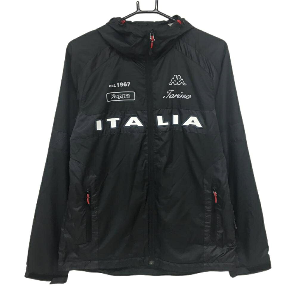 【美品】カッパ フード付ジャケット 黒×白 胸元ロゴ 微起毛裏地 裾ドローコード メンズ M ゴルフウェ...