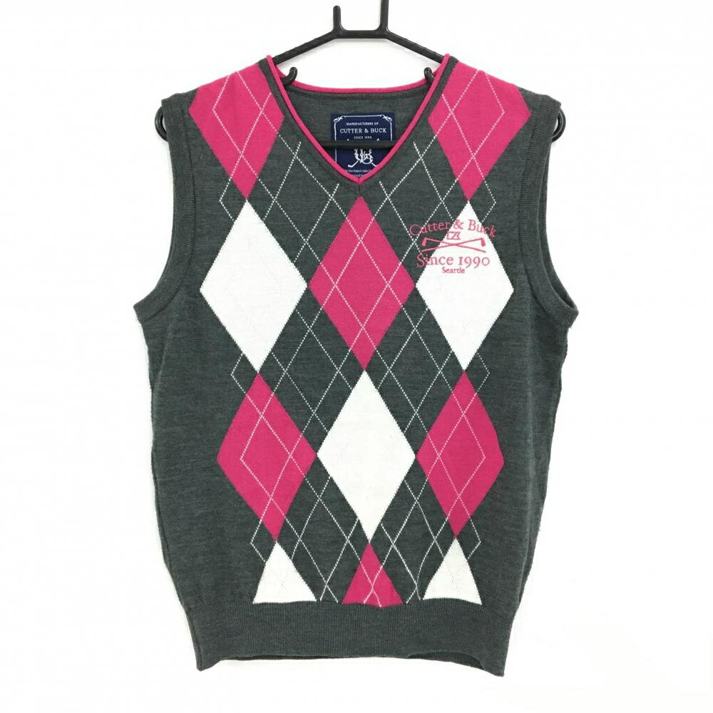 カッターアンドバック ニットベスト グレー×ピンク 前身頃アーガイル柄 ウール混 メンズ M ゴルフウェア CUTTER＆BUCK
