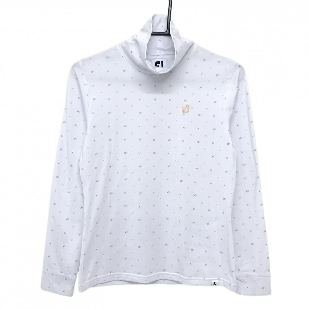 【超美品】フットジョイ 長袖タートルネックシャツ 白×オレンジ 総柄 ロゴ刺しゅう レディース M ゴルフウェア FootJoy