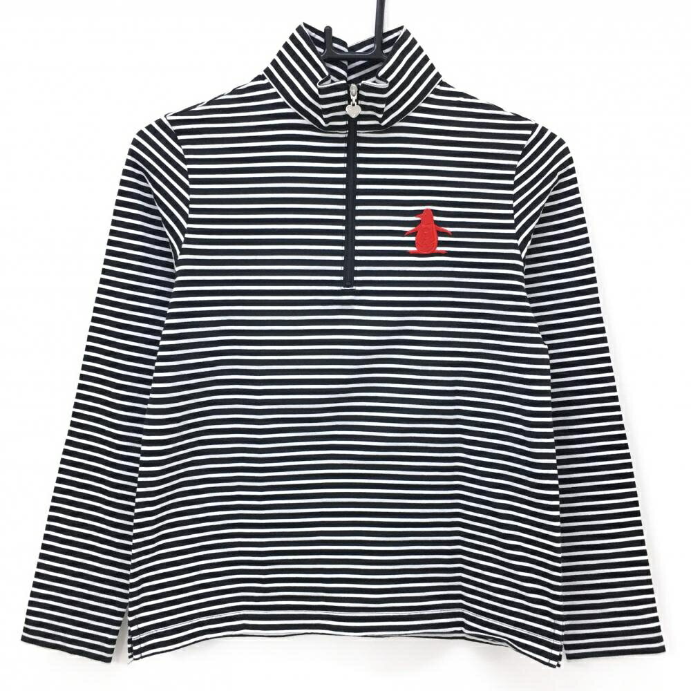 【当店ポイント5倍！2月1日限り】【美品】マンシングウェア 長袖ハイネックシャツ 黒×白 ボーダー ハーフジップ ロゴレッド レディース M ゴルフウェア Munsingwear