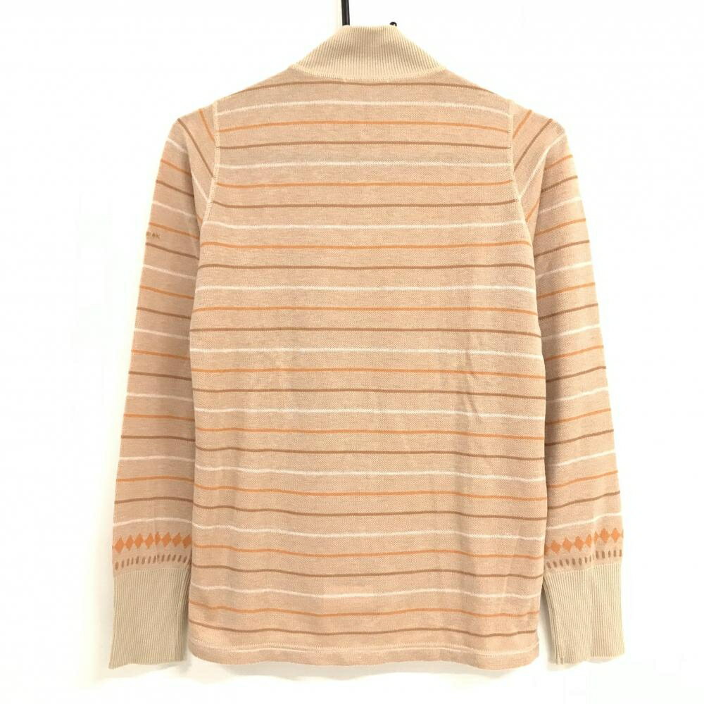 ヒールクリーク ハイネックセーター ベージュ×オレンジブラウン 前身頃総柄 袖・背面ボーダー レディース 40(M) ゴルフウェア Heal Creek