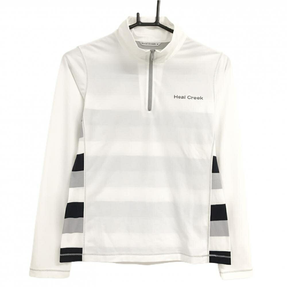 【超美品】ヒールクリーク 長袖ハイネックシャツ 白×グレー×ネイビー 後ろ身頃ボーダー レディース 40(M) ゴルフウェア Heal Creek