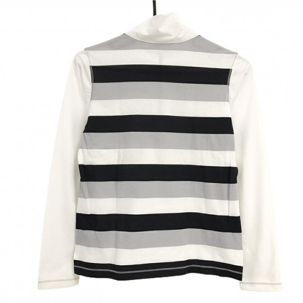 【超美品】ヒールクリーク 長袖ハイネックシャツ 白×グレー×ネイビー 後ろ身頃ボーダー レディース 40(M) ゴルフウェア Heal Creek