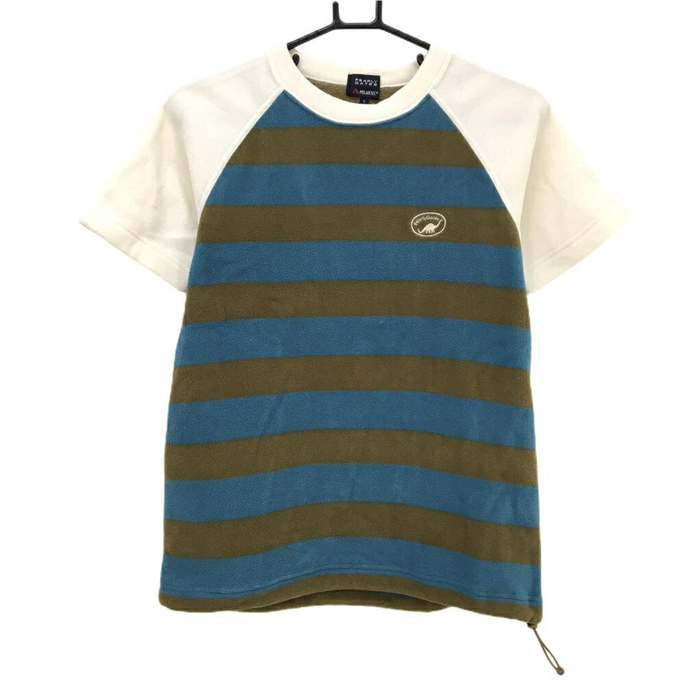 PEARLY GATES - 【美品】パーリーゲイツ フリースTシャツ 白×ターコイズブルー×ブラウン 身頃ボーダー レディース 1(M) ゴルフウェア PEARLY GATES