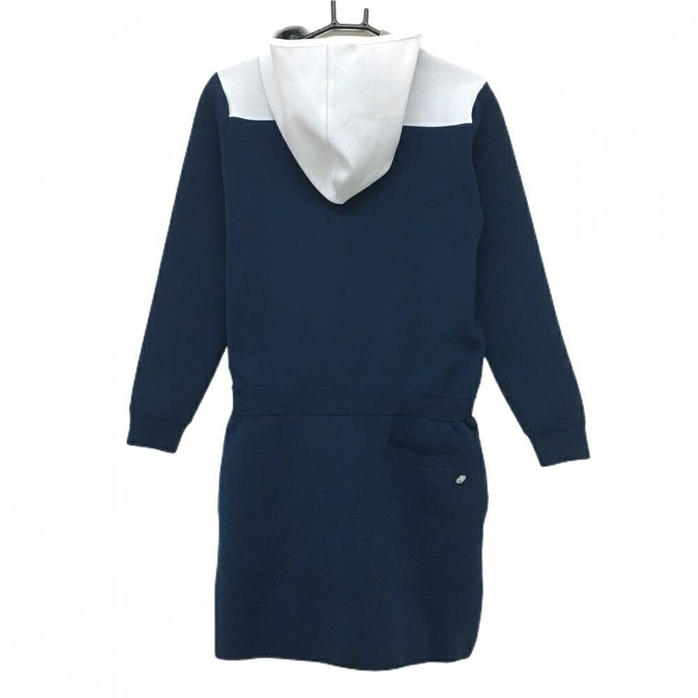 【超美品】フィドラ フード付長袖ニットワンピース ネイビー×白 フロントロゴ ウエストゴム レディース L/G ゴルフウェア FIDRA
