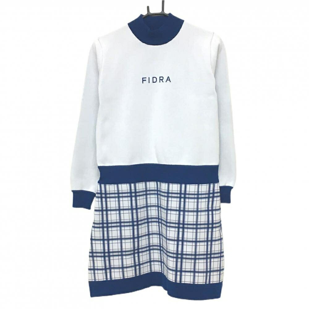【新品】フィドラ 長袖ハイネックニットワンピース 白×ネイビー スカートチェック 胸ロゴ レディース L/G ゴルフウェア FIDRA