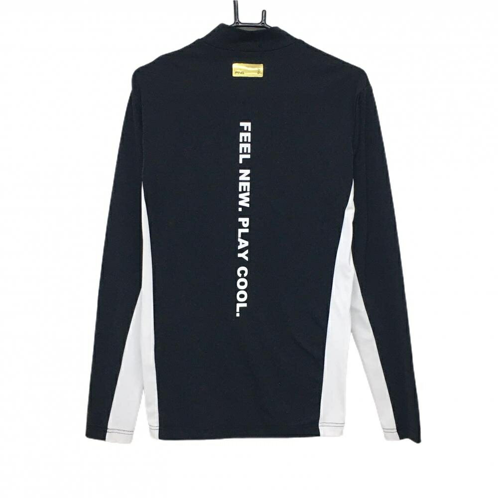 【超美品】ピン 長袖ハイネックシャツ 黒×白 フロントロゴ 白地裏微起毛 メンズ S ゴルフウェア PING