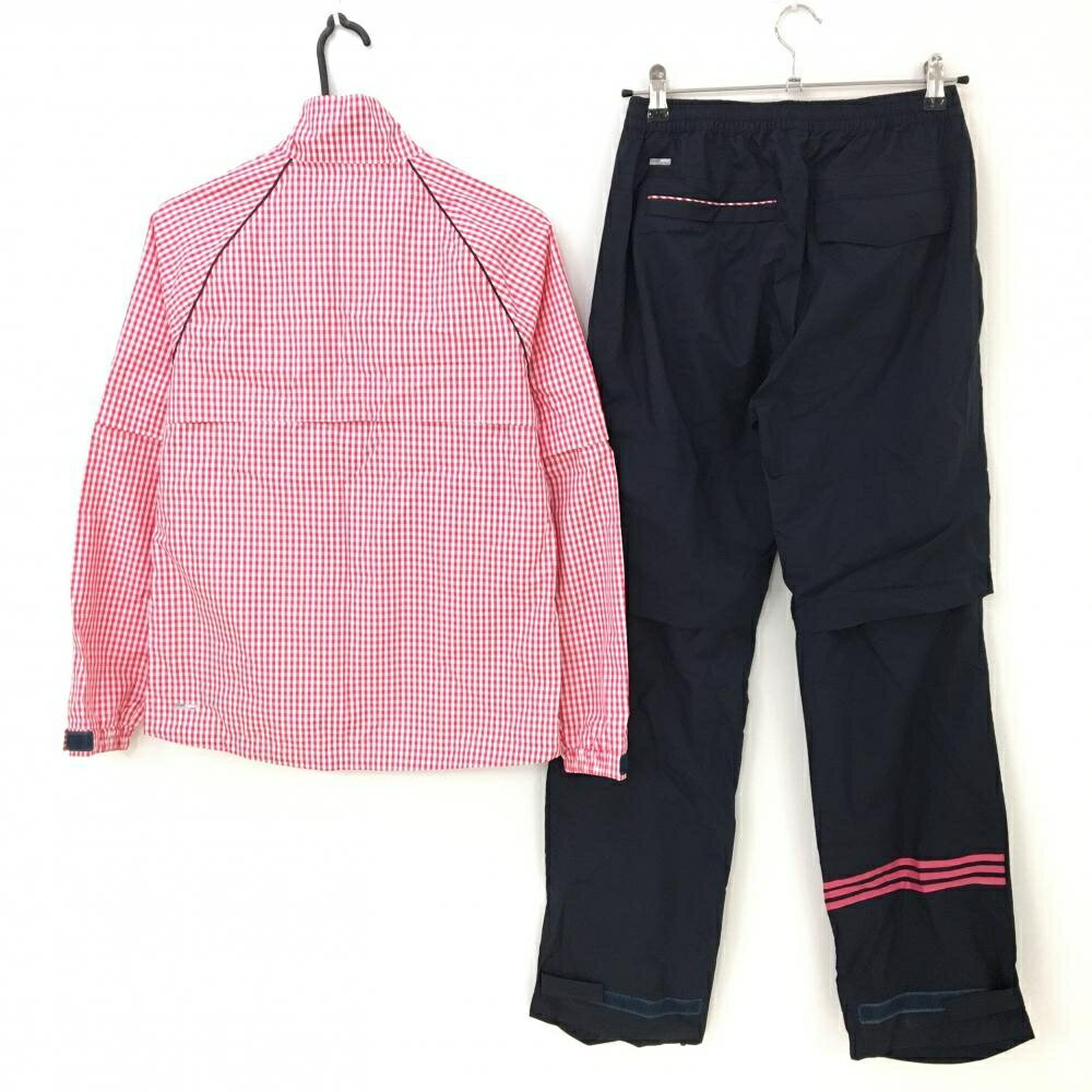 アディダス レインウェア(2WAYジャケット×パンツ) レッド×白 チェック 袖着脱可 収納袋付 レディース L ゴルフウェア adidas