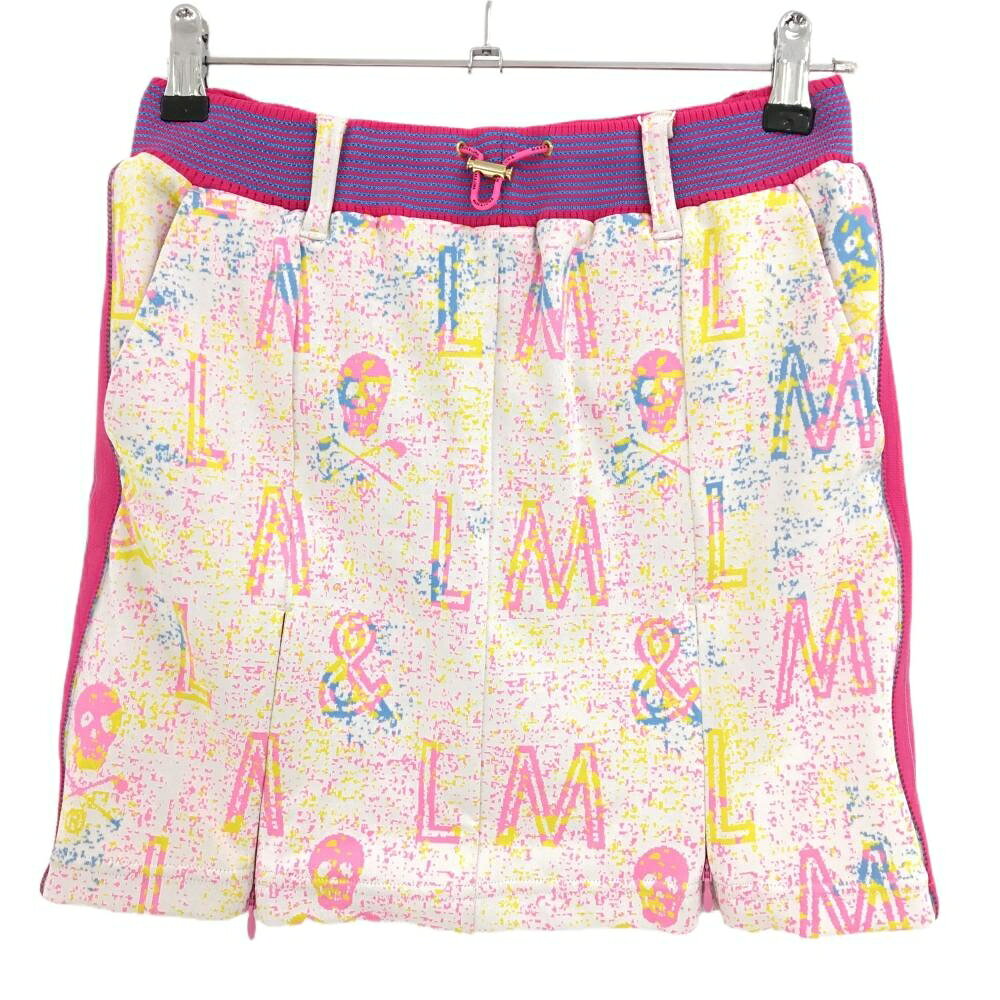 【新品】マークアンドロナ スカート 白×ピンク 総柄 スカル ウエストゴム 内側インナーパンツ レディース 38(M) ゴルフウェア MARK＆LONA