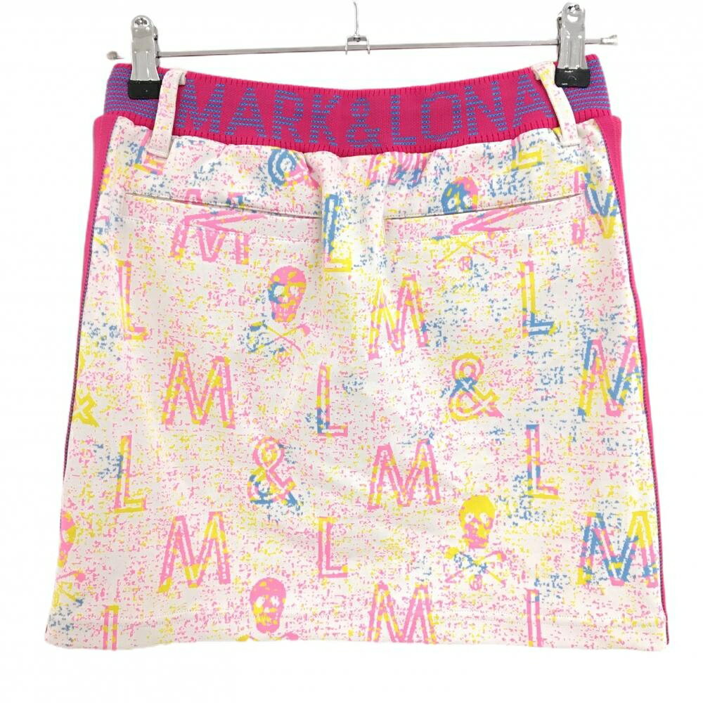 【新品】マークアンドロナ スカート 白×ピンク 総柄 スカル ウエストゴム 内側インナーパンツ レディース 38(M) ゴルフウェア MARK＆LONA