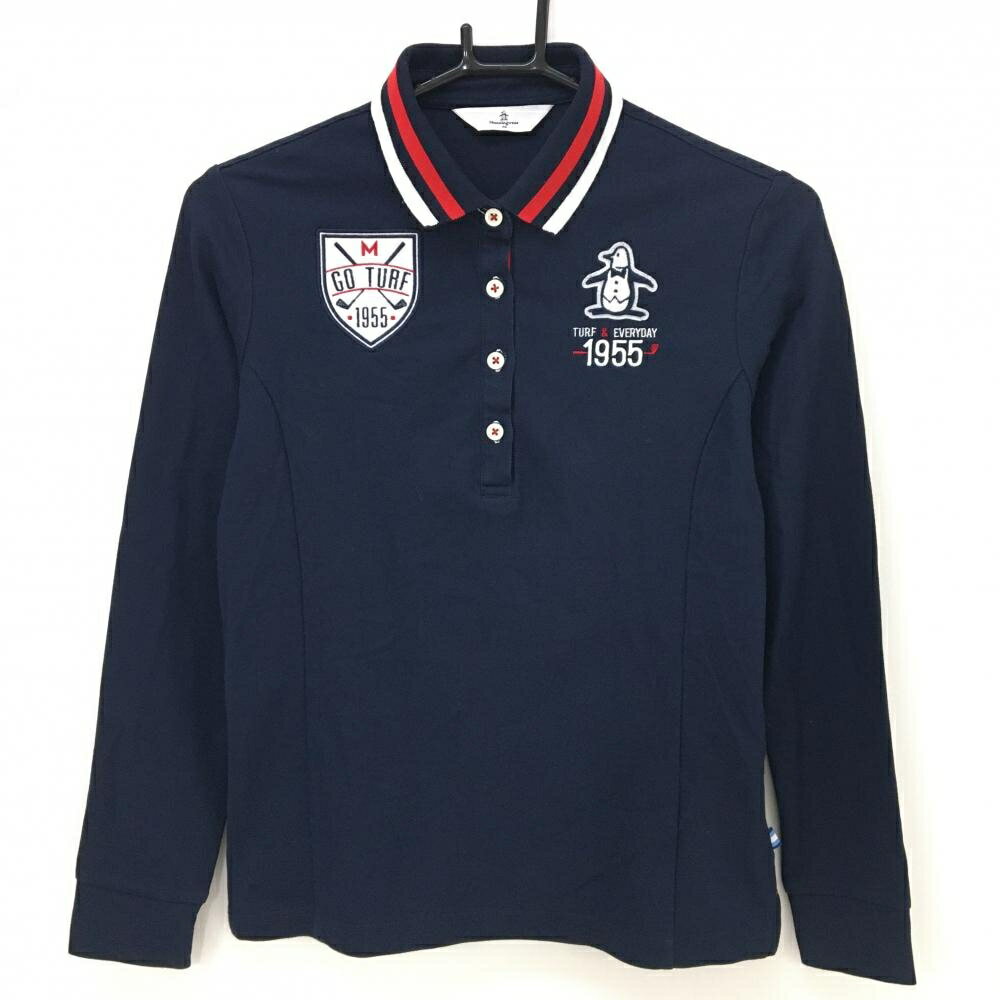マンシングウェア 長袖ポロシャツ ネイビー×白 ペンギンワッペン レディース M ゴルフウェア Munsingwear