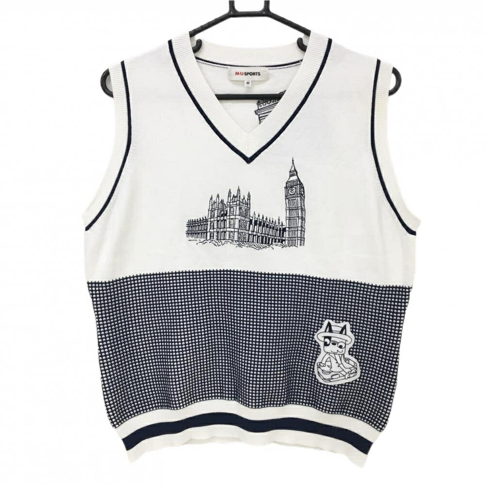 【美品】MUスポーツ ニットベスト 白×ネイビー ロゴワッペン Vネック レディース 44(XL) ゴルフウェア M・U SPORTS