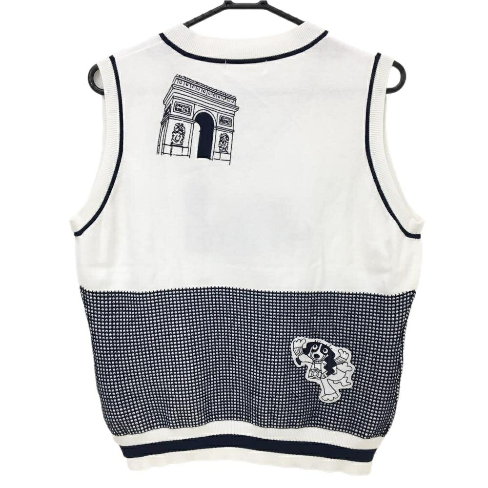 【美品】MUスポーツ ニットベスト 白×ネイビー ロゴワッペン Vネック レディース 44(XL) ゴルフウェア M・U SPORTS