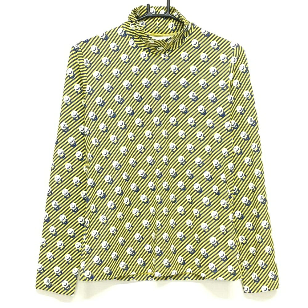 【超美品】アンパスィ 長袖ハイネックシャツ イエロー×ネイビー 斜めストライプ レディース L ゴルフウェア and per se