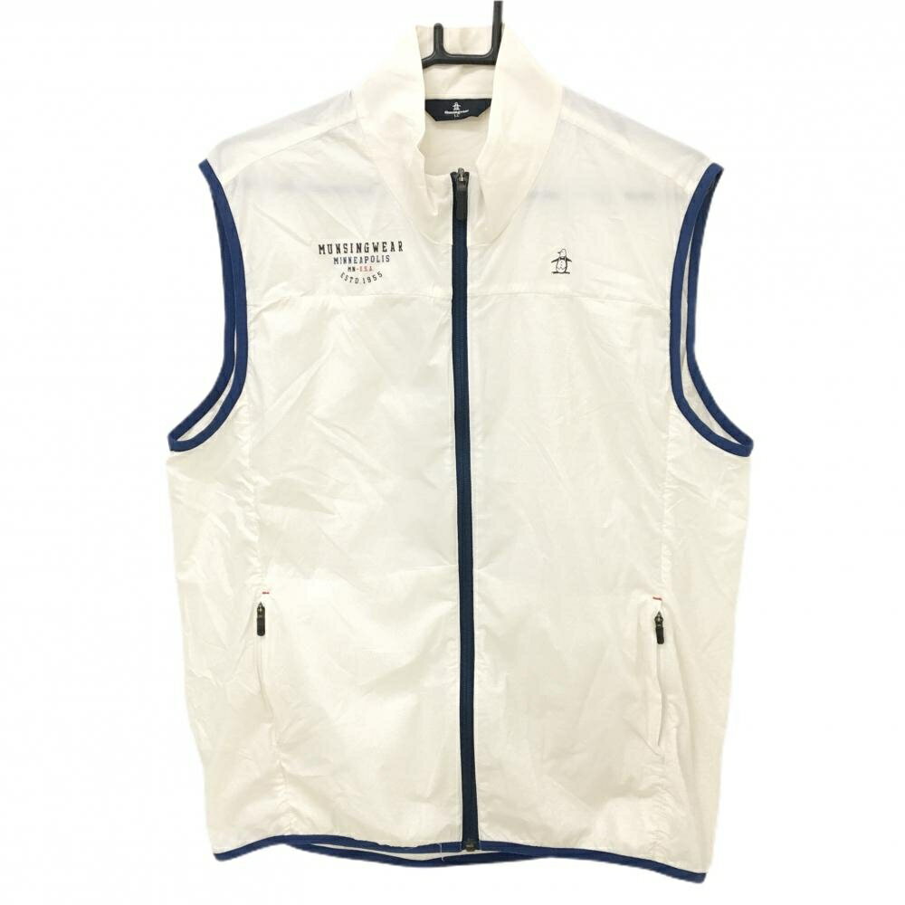 【美品】マンシングウェア アウターベスト 白×ネイビー 薄手 ナイロン ストレッチ メンズ LL ゴルフウェア Munsingwear