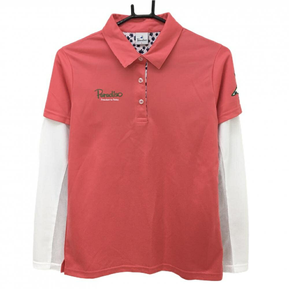 【ポイント10倍！楽天スーパーセール期間限定】【超美品】パラディーゾ 長袖ポロシャツ ピンク×白 重ね着風 袖一部メッシュ レディース L ゴルフウェア Paradiso