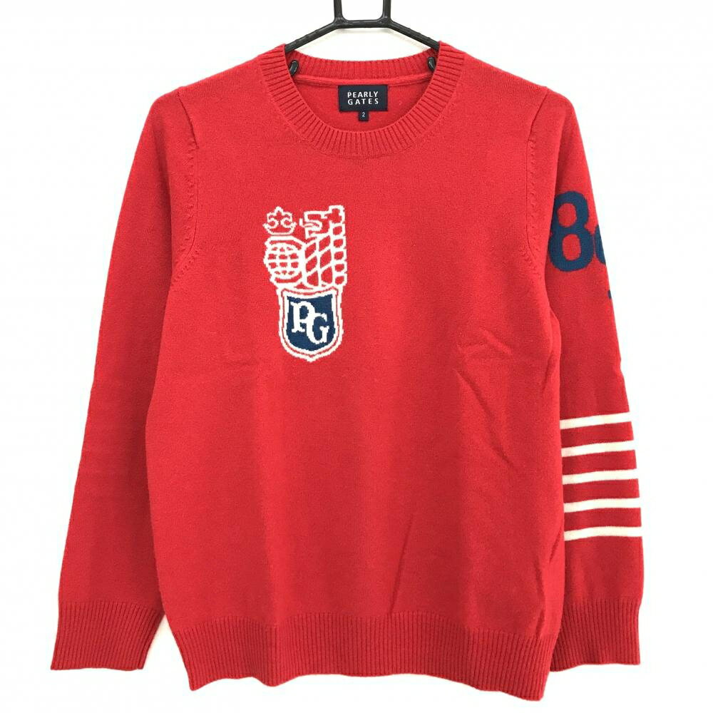 【超美品】パーリーゲイツ セーター レッド カシミヤ100％ 袖一部ボーダー ニット レディース 2(L) ゴルフウェア PEARLY GATES