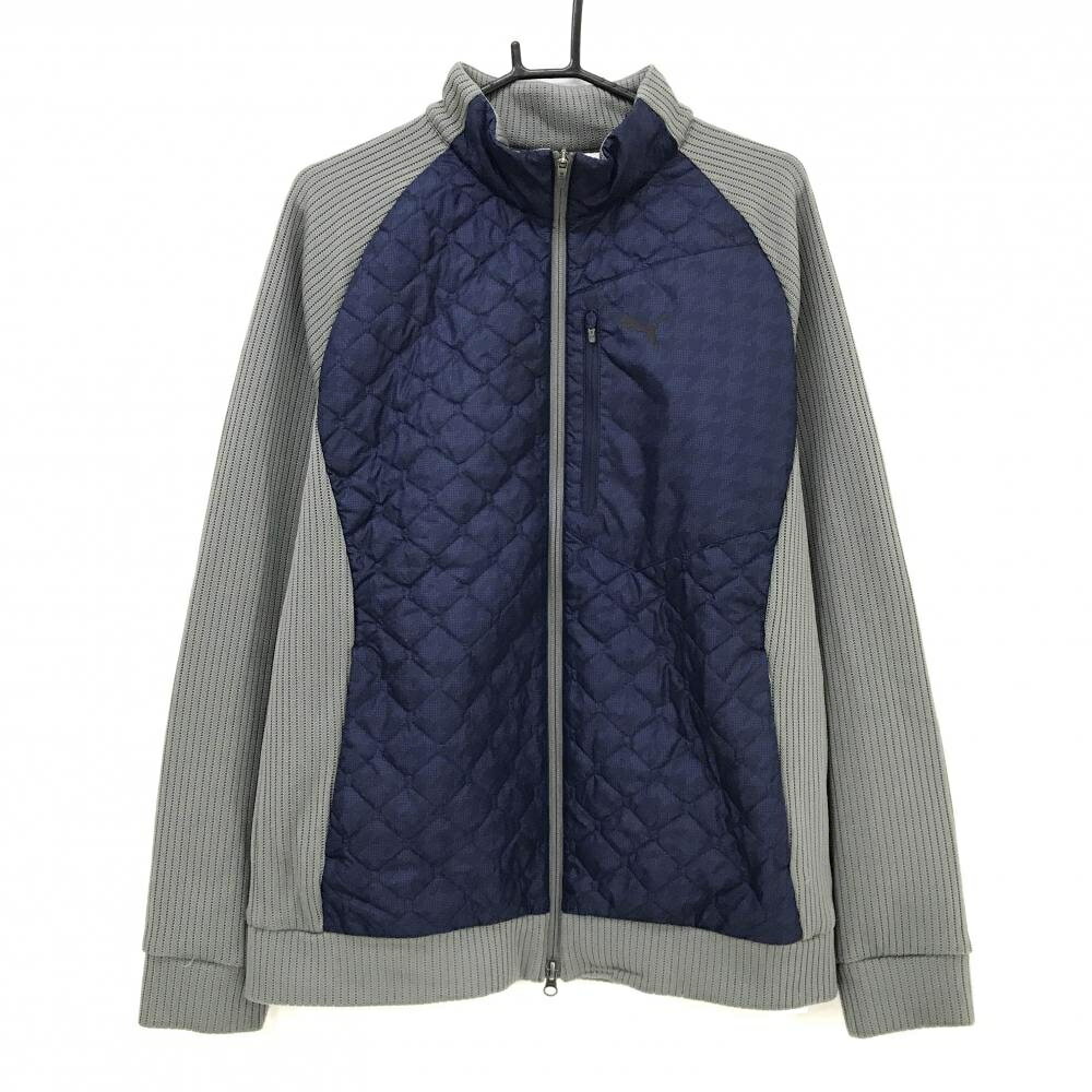【当店ポイント5倍！2月1日限り】【美品】プーマ 切替中綿ジャケット ネイビー×グレー 前身頃中綿 千鳥柄 胸元ロゴ ニット メンズ XXL ゴルフウェア 大きいサイズ PUMA