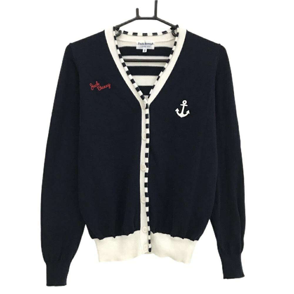 【超美品】ジャックバニー ニットカーディガン ネイビー×白 後ろ身頃ボーダー コットン混 レディース 2(L) ゴルフウェア Jack Bunny