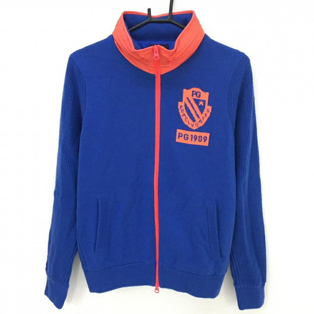 【超美品】パーリーゲイツ ニットジャケット ブルー×オレンジ フード収納可 裏地付 ウール混 レディース 2(L) ゴルフウェア PEARLY GATES
