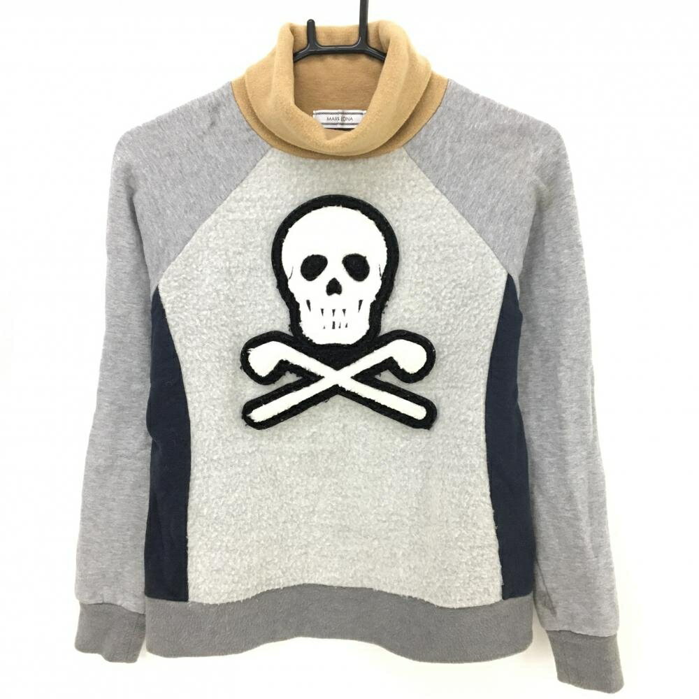 マークアンドロナ タートルネックトレーナー グレー×ライトブラウン スカル 一部起毛 レディース S ゴルフウェア MARK＆LONA