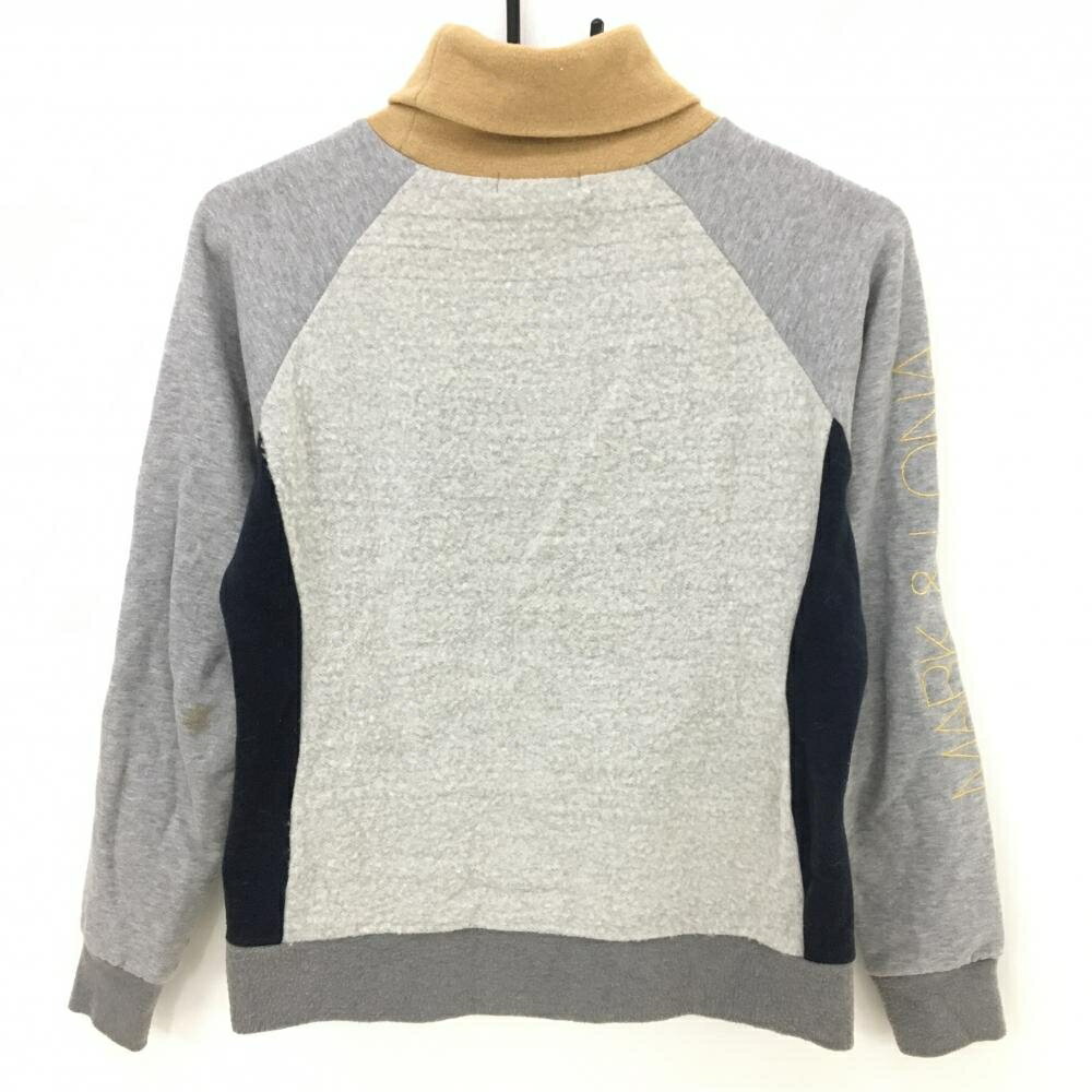 マークアンドロナ タートルネックトレーナー グレー×ライトブラウン スカル 一部起毛 レディース S ゴルフウェア MARK＆LONA