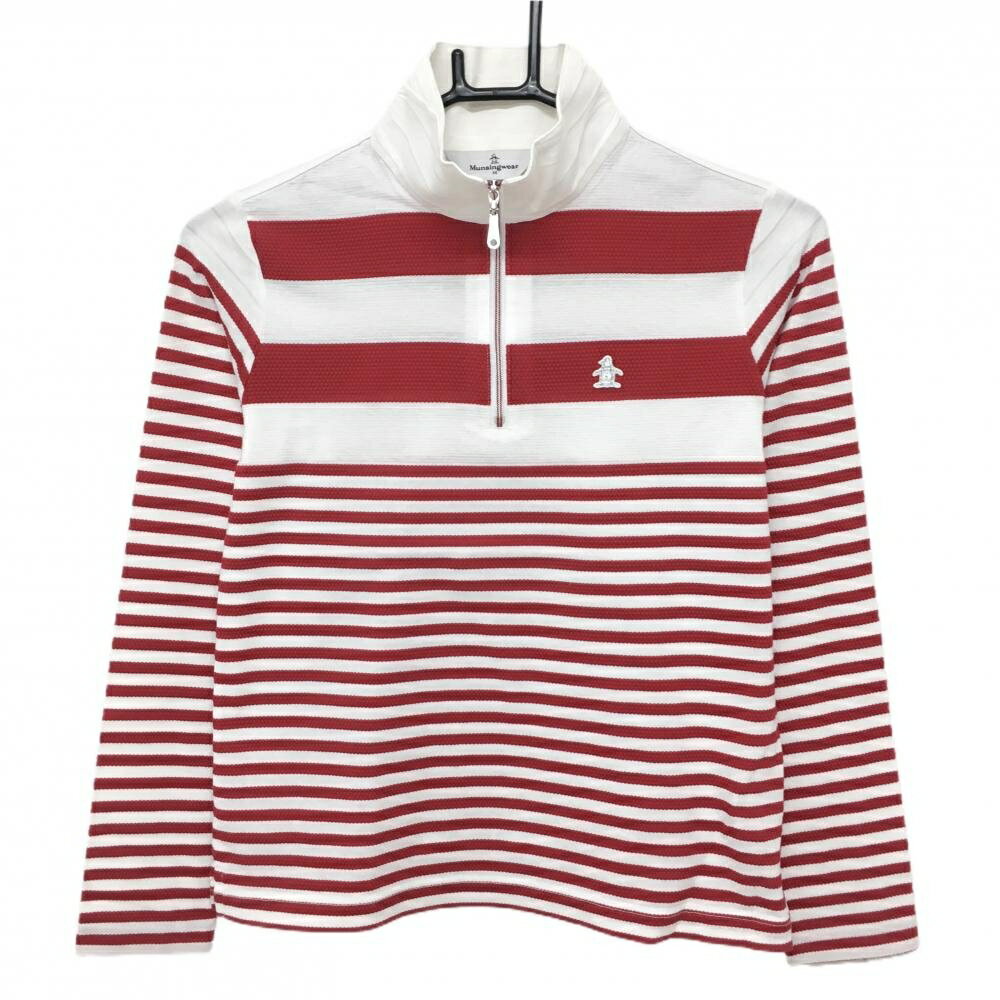 【美品】マンシングウェア 長袖ハイネックシャツ 白×レッド ボーダー ハーフジップ ワッペン レディース M ゴルフウェア Munsingwear