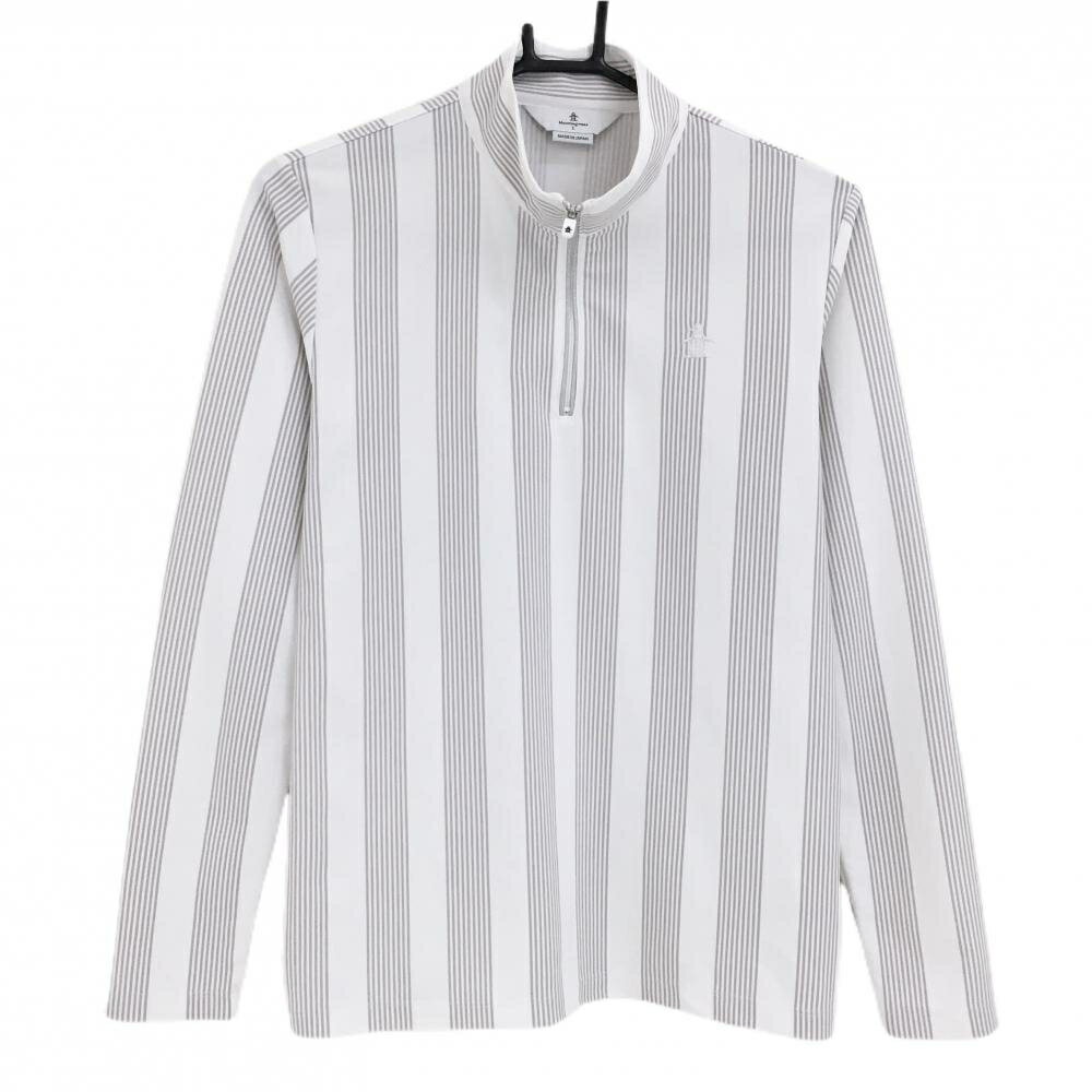 マンシングウェア 長袖ハイネックシャツ 白×グレー ストライプ ハーフジップ レディース L ゴルフウェア Munsingwear