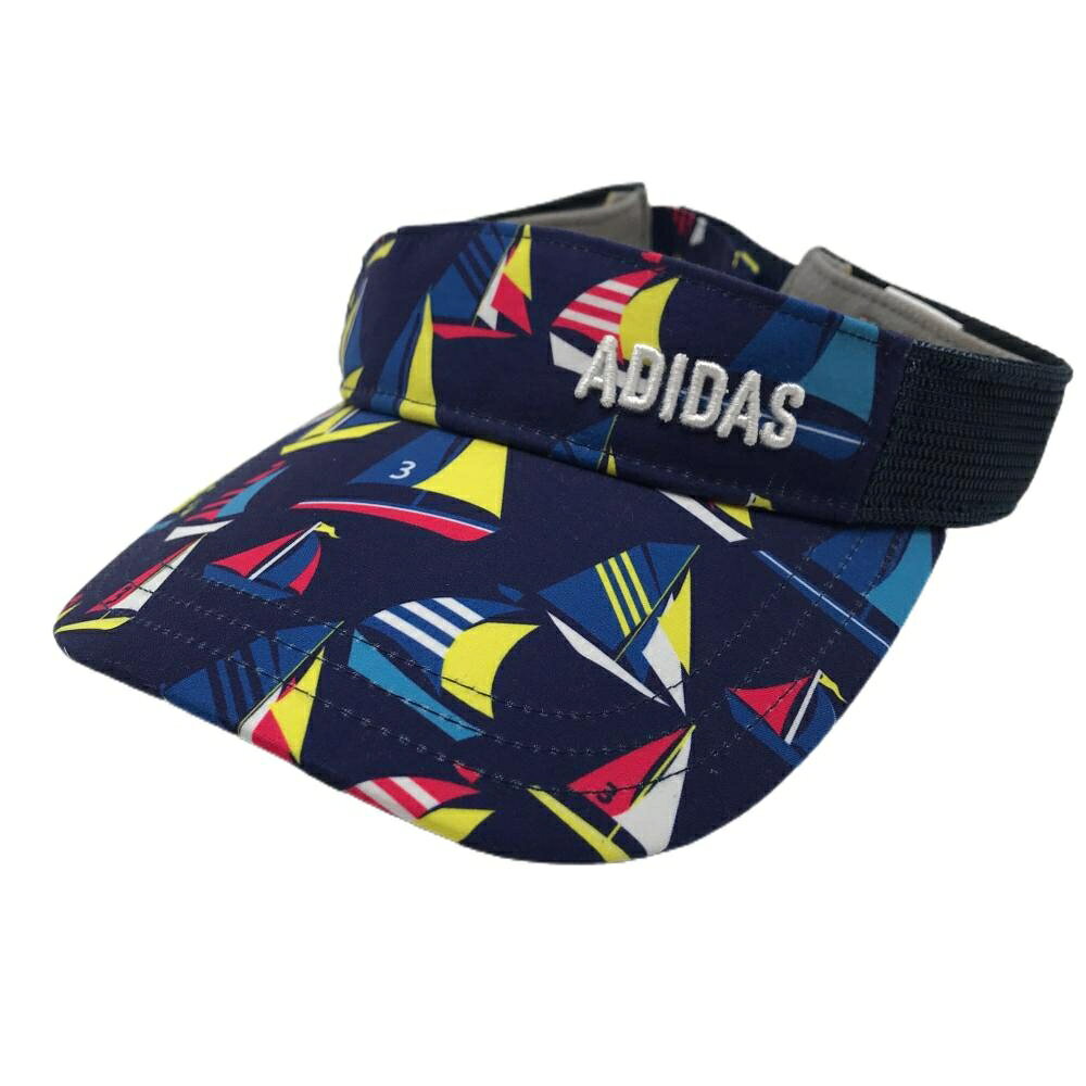 ADIDAS - アディダス サンバイザー ネイビー×マルチカラー ヨット総柄 サイドメッシュ調 フリー(56-58cm) ゴルフウェア adidas