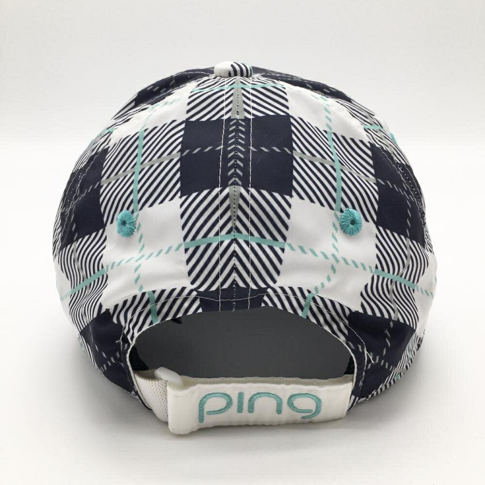 【超美品】ピン キャップ 白×ネイビー×ミントブルー チェック 立体ロゴ ONE SIZU ゴルフウェア PING