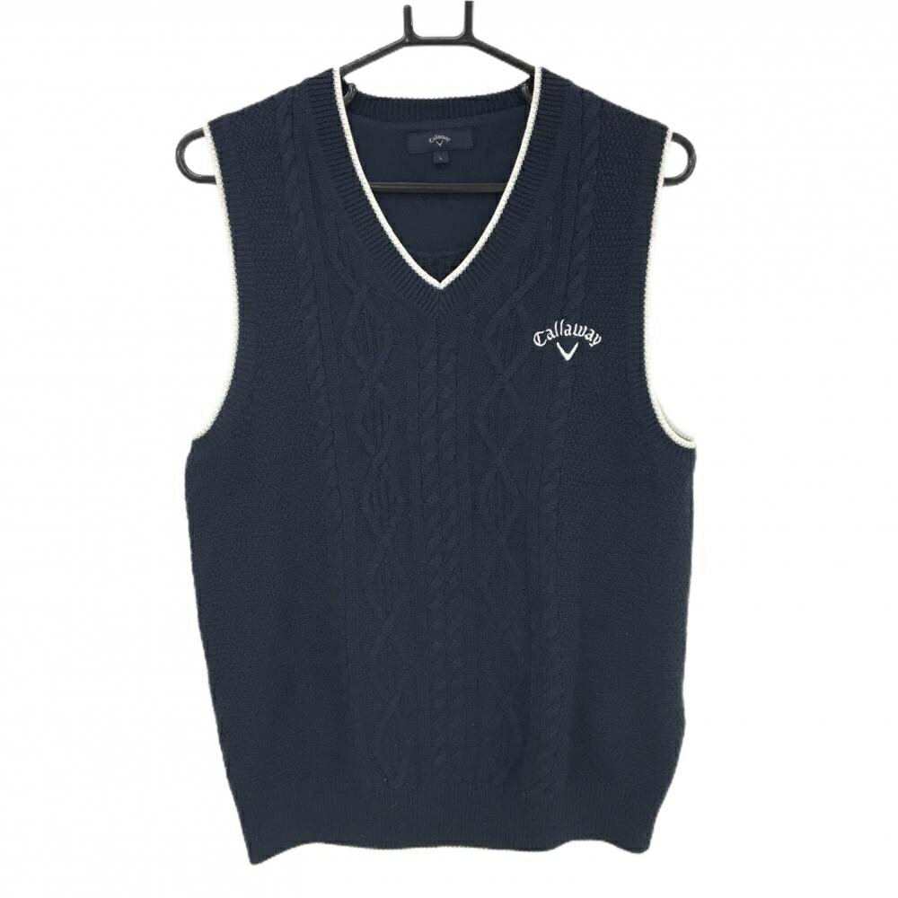 【美品】キャロウェイ ニットベスト ネイビー×白 ケーブル編み Vネック ロゴ刺しゅう メンズ L ゴルフウェア Callaway