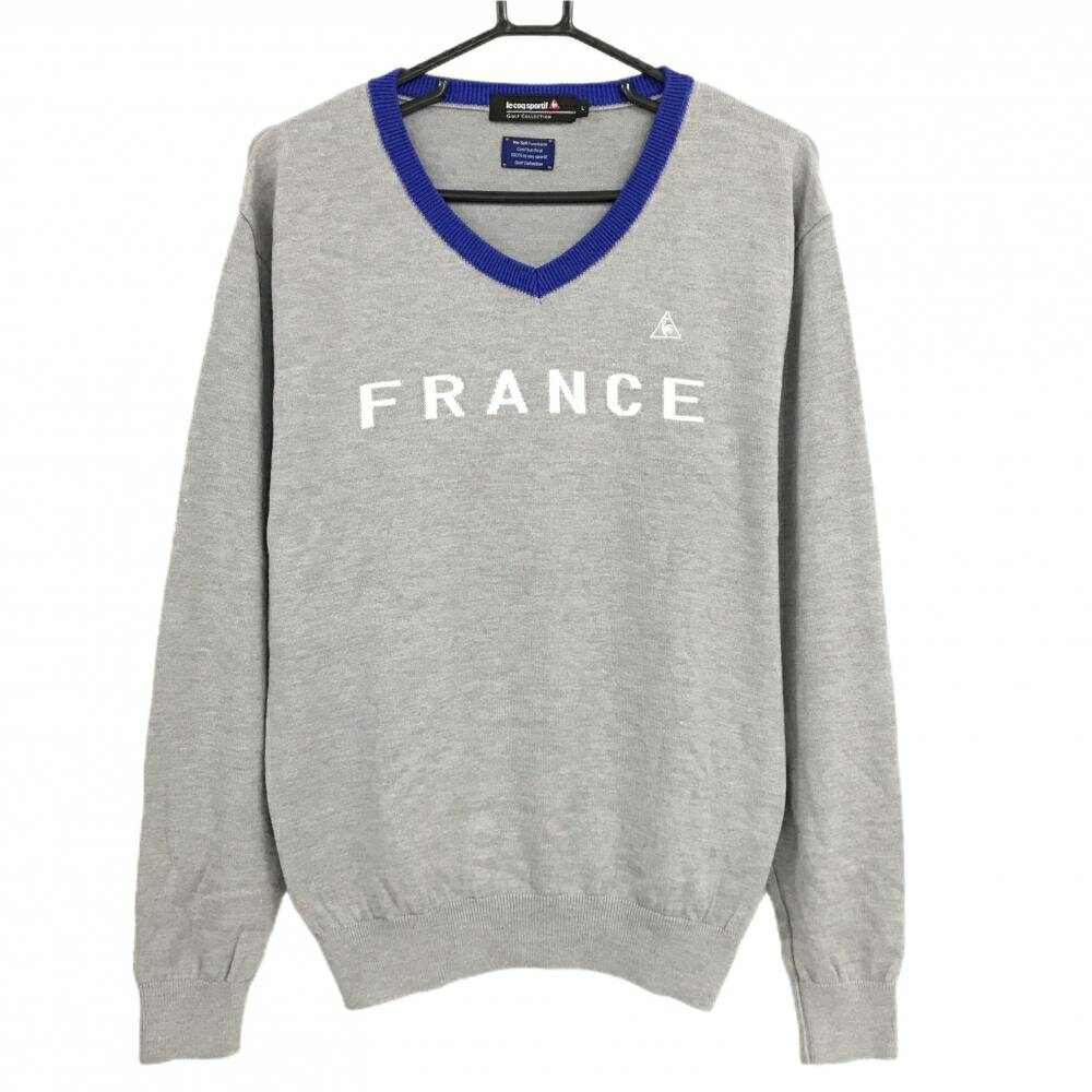 【美品】ルコックゴルフ セーター グレー×ブルー ウール混 ロゴ刺しゅう ニット メンズ L ゴルフウェア le coq sportif